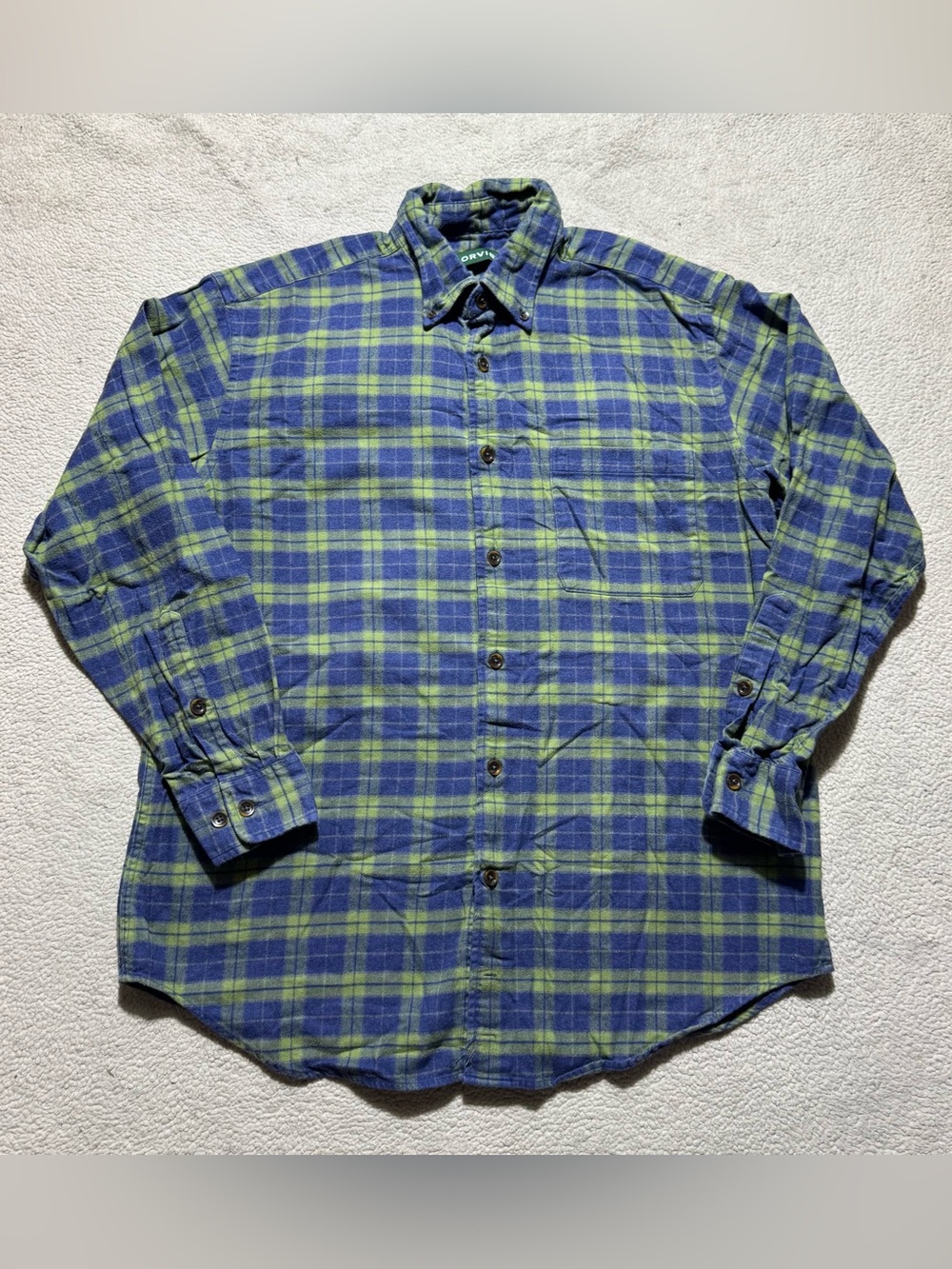 Orvis Shirt Mens Large Blue Green Plaid Long‎ Sleeve Button-Up Flannel Collared